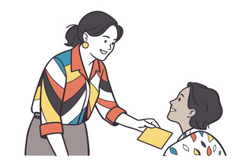 Two smiling women interacting one handing a yellow card to the other conveying a friendly exchange or business meeting