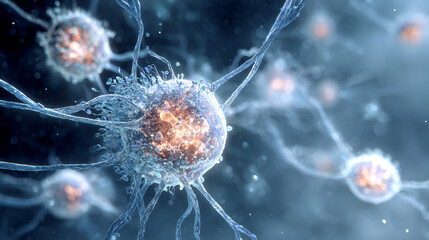 Neurons in Action, Laboratory Setting, Digital Illustration, Micro Environment, Close-Up View, Cellular Interactions