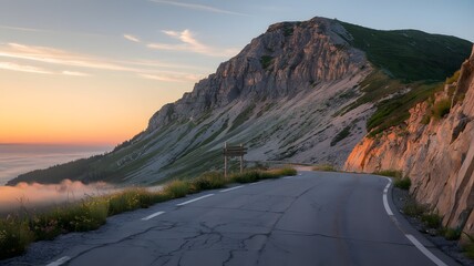  Winding Mountain Pass at Sunset with Sheer Cliffs and Foggy Valley