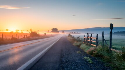 Rural Road at Sunrise with Foggy Fields and Distant Mountains
