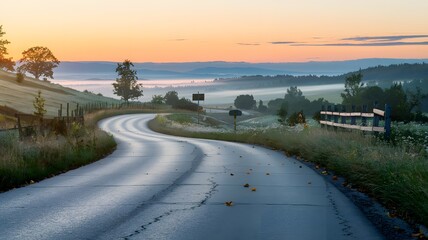  Serpentine Country Road Through Misty Rolling Hills at Dawn