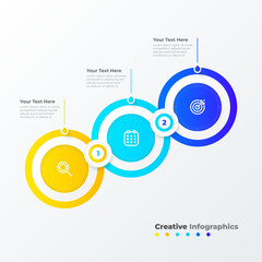 Modern 3 step connected circles infographic. Business process and data visualization.