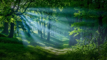 Dappled Sun Rays Illuminating a Verdant Forest Path
