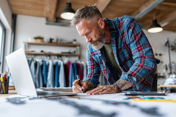 Male fashion designer creating garments in a creative workspace