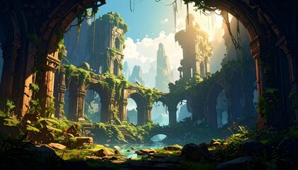 Overgrown Ruins in a Secluded Valley: A Digital Painting of Lost Civilization