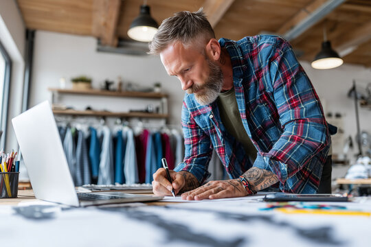Male fashion designer creating garments in a creative workspace