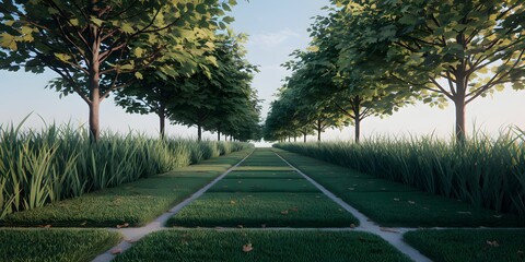 Symmetrical Tree-Lined Path Through Lush Green Grass