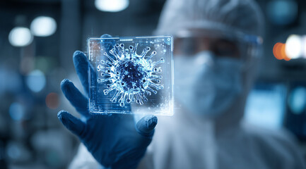Close-up of a scientist in protective gear holding up a holographic display with a virus model, in a high-tech medical research setting. The background is softly focused, captured