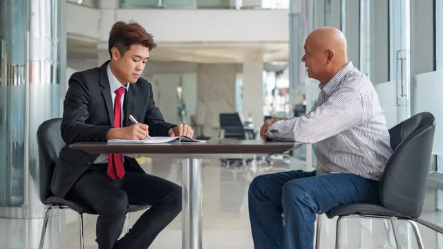 Focused Consultation: A professional in a tailored suit assists a client, emphasizing trust, understanding, and financial planning.