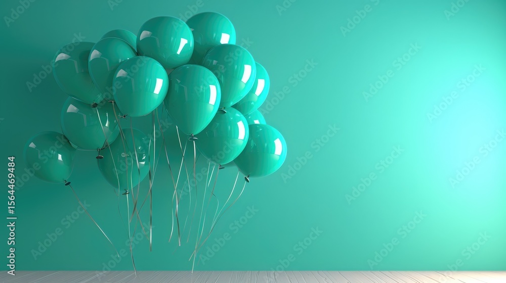 Fototapete floating teal balloons in abstract arrangement, glossy 3d render with depth and smooth shadows