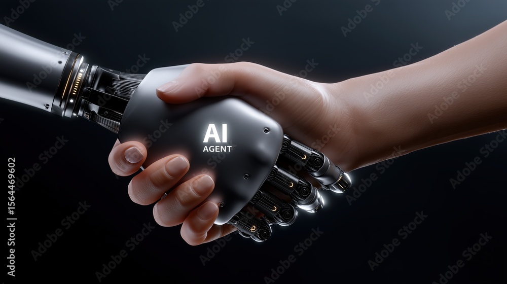 Aufkleber ai agent assistance and workflow automation concept, human and robot hands shaking, symbolizing coll