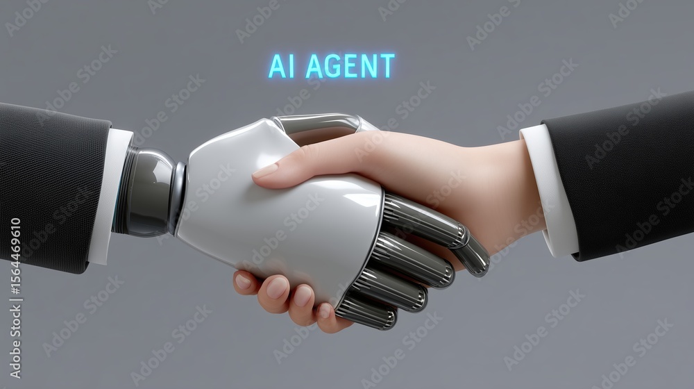 Poster ai agent assistance and workflow automation concept, handshake between a human and a robotic arm rep