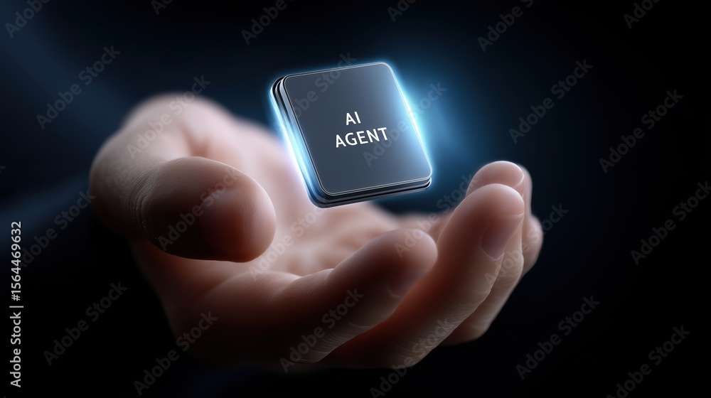 Poster ai agent assistance and workflow automation concept, ai chip held in a hand, symbolizing technology 