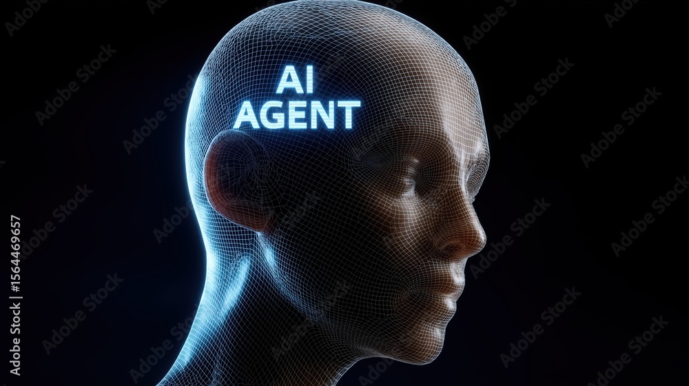 Poster ai agent assistance and workflow automation concept, 3d head model showcasing artificial intelligenc