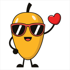 Cool mango with sunglasses, playful character vector illustration. Hip tropical fruit ideal for beverage labels and youth focused marketing.