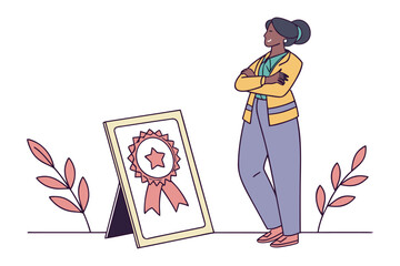 Proud woman admiring her award certificate with a star and ribbon symbolizing achievement and recognition in a professional setting