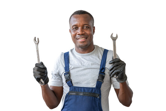Smiling Mechanic Ready for Work with Wrenches, Happy African American Auto Repair Worker Holding Tools, Professional Technician in Overalls with Spanners