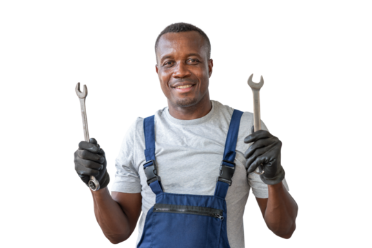 Smiling Mechanic Ready for Work with Wrenches, Happy African American Auto Repair Worker Holding Tools, Professional Technician in Overalls with Spanners