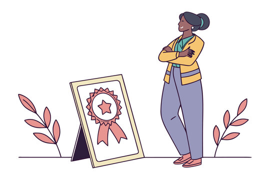 Proud woman admiring her award certificate with a star and ribbon symbolizing achievement and recognition in a professional setting