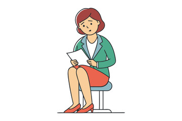 A worried woman in business attire sits on a stool holding a document and looking down with a concerned expression on her face