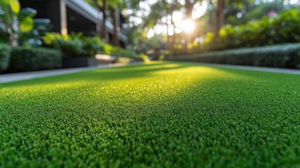 Obraz premium Artificial grass path, sunlight filtering through trees