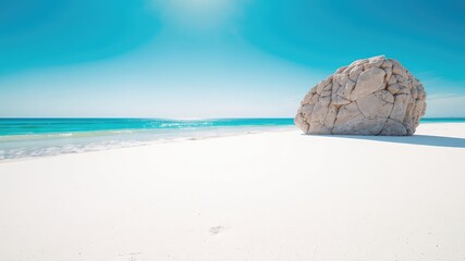 A Peaceful Seascape with Turquoise Water and a Large Rock Formation on a White Sand Beach Under a Clear Sky