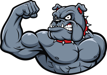 Muscular Cartoon Bulldog Flexing Arm Front View, Fierce Expression, Strong Dog Mascot Illustration, Gym Fitness Symbol, Powerful Character Vector Art