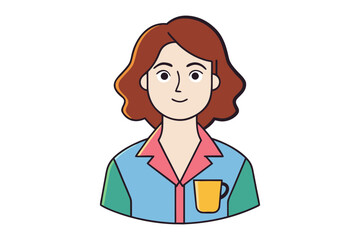 Fototapeta premium Stylized illustration of a smiling woman with short brown hair wearing a colorful collared shirt holding a yellow mug