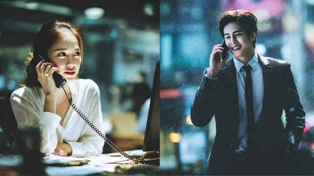 Dialogue across Distance: A dynamic image capturing a male and female engaging in separate phone conversations.