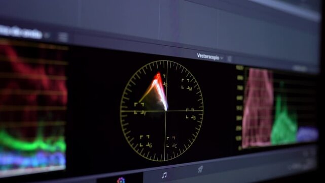 Close-up of vectorscope visualizing moving color signal in professional video editing software interface