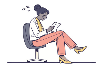 A woman in professional attire sits on an office chair looking down at a document with a tear rolling down her cheek