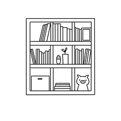A white bookshelf with a pig on it