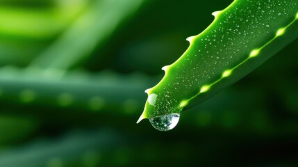 Close up of aloe vera leaf with water droplet hanging from the tip on a blurred green background