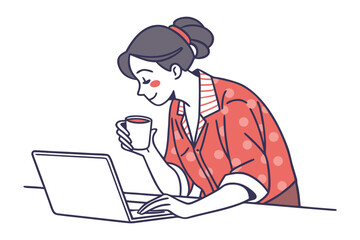 A young woman with her hair in a bun enjoys a warm beverage while working on her laptop in a relaxed setting