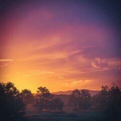 Fototapeta premium realistic ombre sky during sunset, smooth transition from golden orange to deep purple, high detail, no noise, soft clouds blending in, cinematic lighting, ultra-realistic photo style