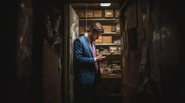 Businessman in Storage: A man in a smart suit navigates his mobile in the gloom of a storage area, hinting at hidden tasks or the pursuit of a critical message.