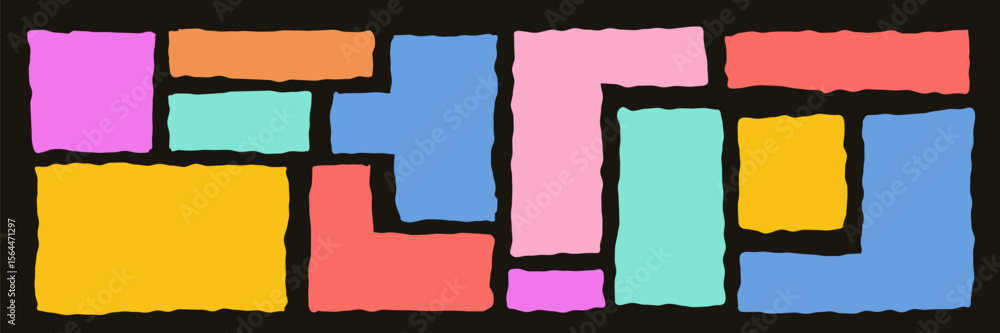 Poster doodle geometric shapes set with zigzag edge. irregular colorful bento style text box collection