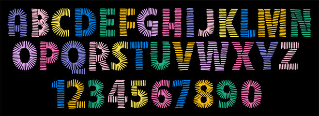 Doodle colorful embroidery alphabet with numbers. Font signs and letters stitched with hand drawn vector thread. © Marina
