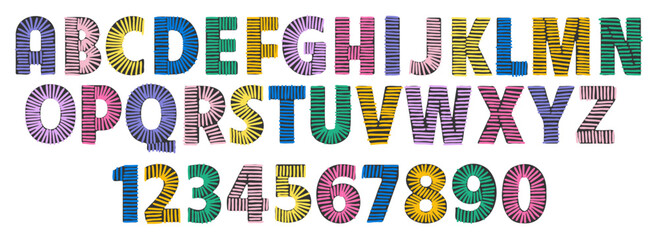 Doodle colorful embroidery alphabet with numbers. Font signs and letters stitched with hand drawn vector thread. © Marina