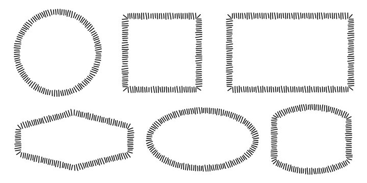 Doodle embroidery patches set. Hand drawn geometric shapes with stitches.