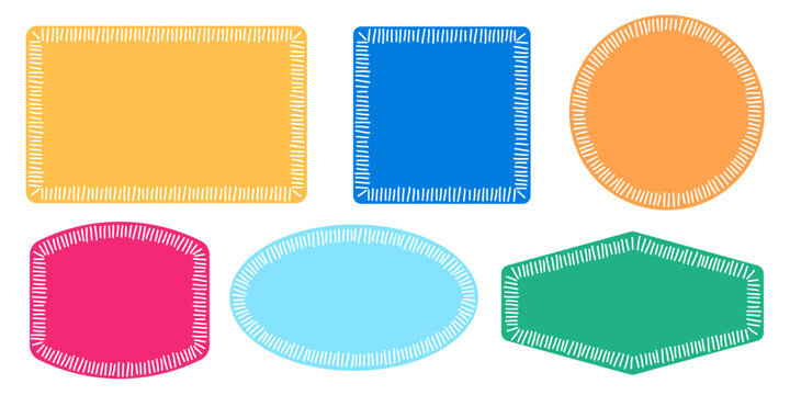 Doodle colorful embroidery patches set. Hand drawn geometric frames with stitches.