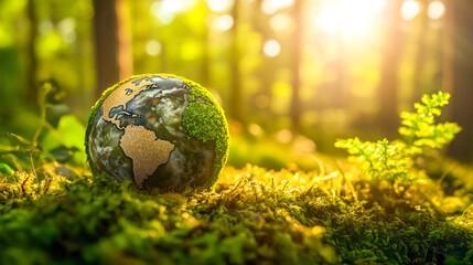 Earth globe resting on moss in a lush forest signifies nature conservation and sustainability for a greener future.