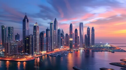 Obraz premium City skyline at dusk with skyscrapers reflecting in the water under a colorful sky at twilight hour
