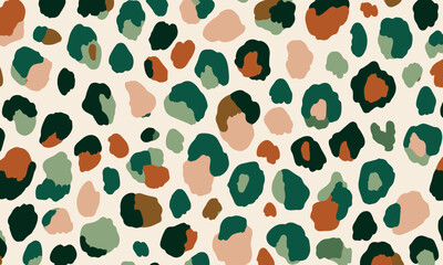 Fototapeta premium seamless pattern of green leopard spots on a beige background, with earthy tones and a hand-drawn doodle style, presented as a vector illustration featuring simple shapes.