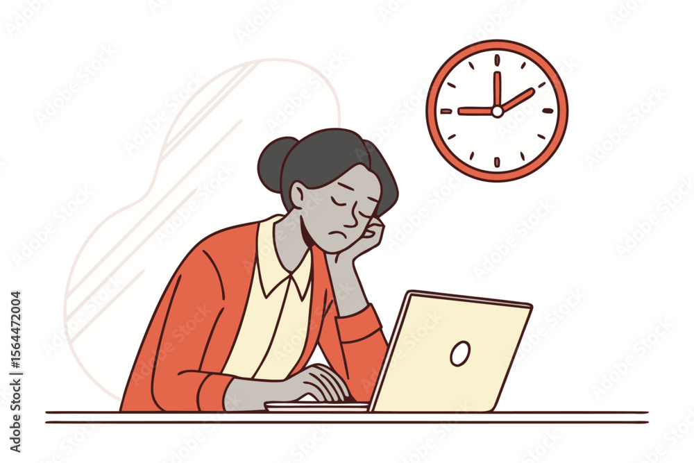 Poster a tired person rests their head on their hand while working on a laptop with a clock showing it s la