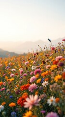 Lush wildflower meadow in full bloom with vibrant colors under a soft, ethereal early morning light