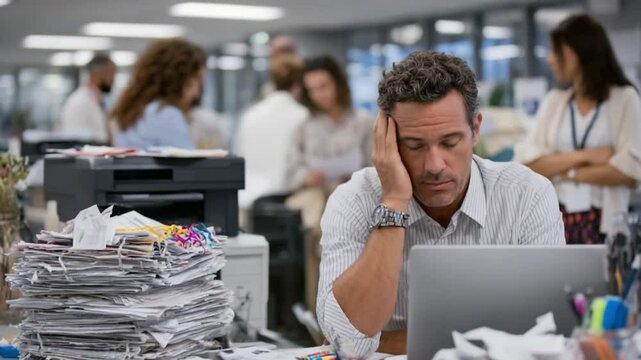 Overwhelmed Office Worker: A weary office worker, burdened by stress, rests his head in hand amidst a chaotic desk overflowing with documents and a laptop, capturing the intensity of a demanding job.