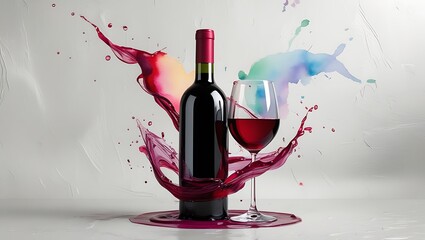 Red wine bottle and glass with splash effect for wine lovers and connoisseurs