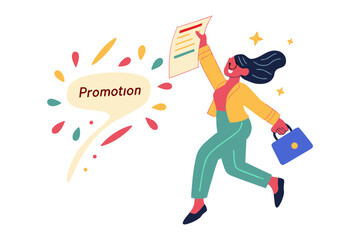 Excited woman celebrates career advancement holding a document and briefcase with colorful confetti and stars symbolizing success