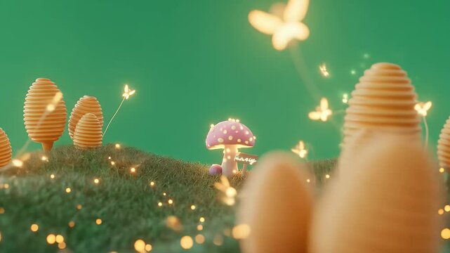 Animated Field with Glowing Mushroom and Firefly Lights with Dreamy Beehive Shapes for Game Assets and Storytelling